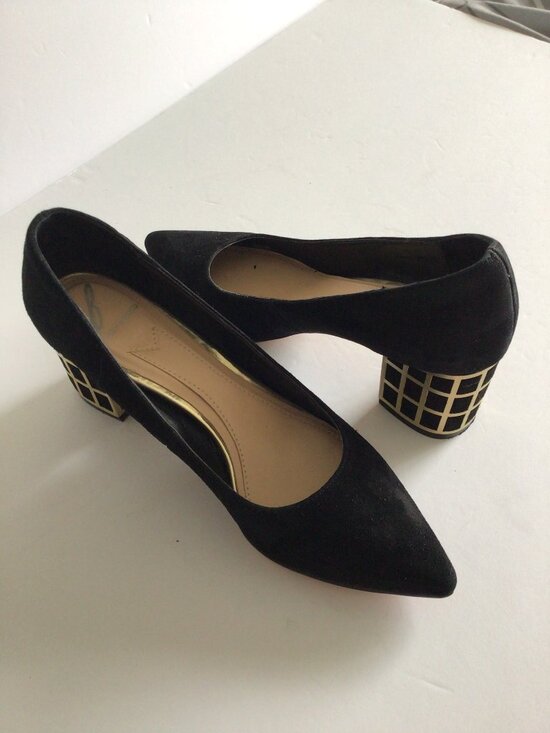 B Brian Atwood Shoes - B. Brian Atwood Black Suede Point Toe Pumps. Gold Caged Block heels. Size 6
